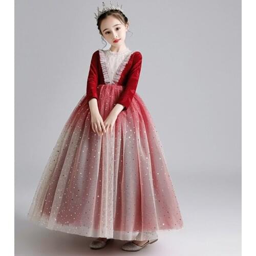 Flower Girl Dresses Pearls Beading Sequined Three Quarter O-Neck Floor-Length Burgundy Princess Lace Tulle Kids Party Gown H205