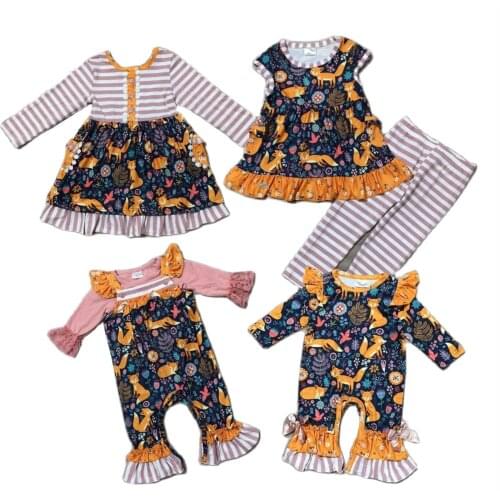 Girlymax Baby Girls Fox Floral Print Stripe Pants Set Dress Ruffles Romper Toddler Sisters Wear Family Look Kids Clothing