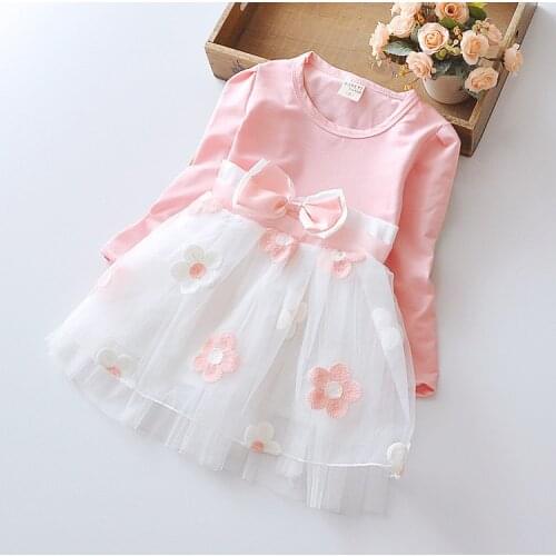 Girl Spring fall new Girl Korean version flower bow long-sleeved dress star in the same dress