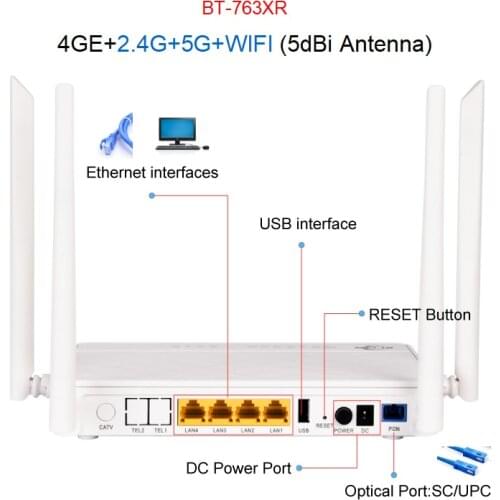 Dual Band Compatible Fiber Optic Router Epon Ont Onu Gpon 4GE+2.4G/5G AC WiFi+1USB 4 Antennas XPON