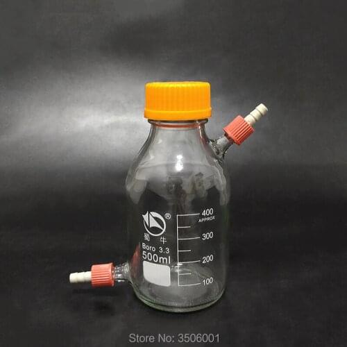 Reagent bottle,With yellow screw cover,upper and lower detachable small nozzle GL14mm,Borosilicate glass,500ml,Plastic Lid