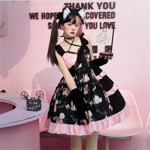 Lolita Gothic Dress Jsk Retro Pink Red Black Sweet Sleeveless Suspender Dress Loli Kawaii Dress D808