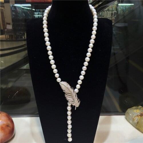 Beautiful 9-10mm white freshwater pearl micro inlay zircon leaves buckle accessories necklace long 90cm