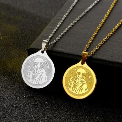 Stainless Steel San Benito Pendant in Gold Color Religious Style Medal Pendant Females Lady of Guadalupe Medal Necklace