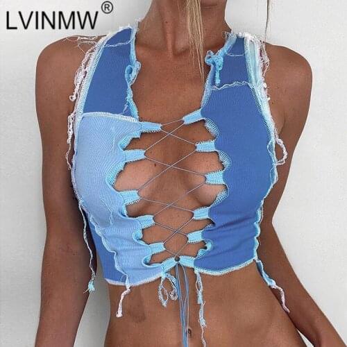 LVINMW Sexy Round Neck Sleeveless Lace Up Hollow Out Hit Color Crop Top Woman Splice New Fashion Navel Tank Tops Streetwear