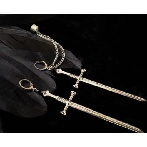 Sword Ear Cuff with Chains,dagger, Punk,gothic,cool,Black Crystal Sword Earring,silver plated, Gothic Jewelry,Vampire Earrings