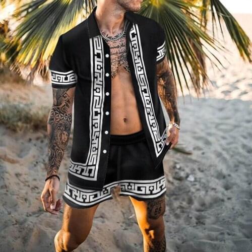 Mens Summer Large Print Shorts Casual Loose Fashion Beach Style Black Suit Go With Short-Sleeved Cardigan Shirt