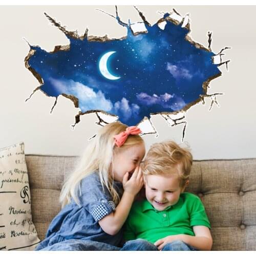 Night Moon Sky wall stickers Broken Hole 3D kids rooms Bedroom background home decor art decals landscape False windows stickers