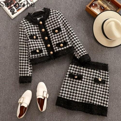Autumn Winter Women Houndstooth 2 Pieces Clothing Sets Ladies Woolen Tweed Plaid Short Jacket Coat+Golden Button Short Skirt Set