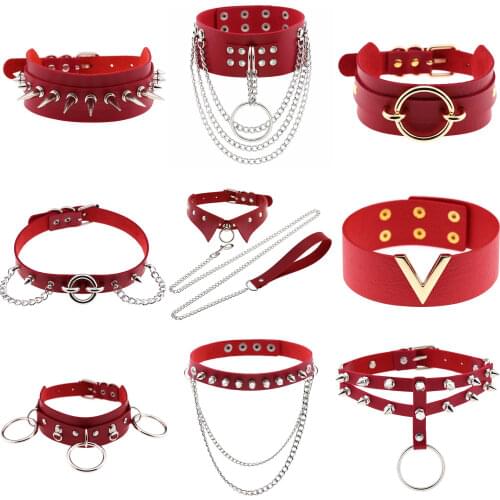 Red PU Leather Women Collar Sexy Aesthetic Dark Spiked Nail Drum Nail Pendant Choker Neck Strap Clavicle Men Necklace Jewelry