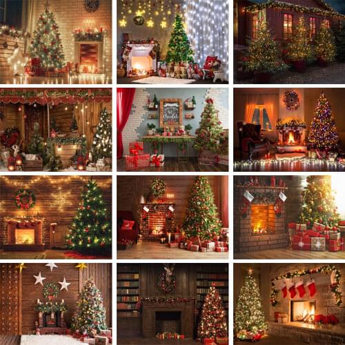 Christmas Tree Fireplace Photography Background Wooden House Room Family Portrait Decor Banners Backdrop Gifts Sock Photo Studio