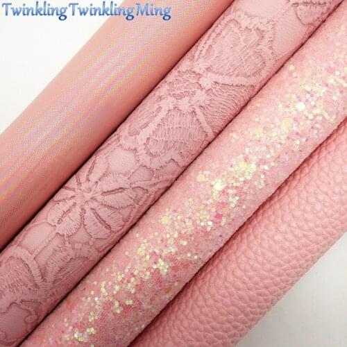 PINK Glitter Fabric, Litchi Synthetic Leather, Flowers Faux Fabric Sheets For Bow A4 21x29CM Twinkling Ming XM008G
