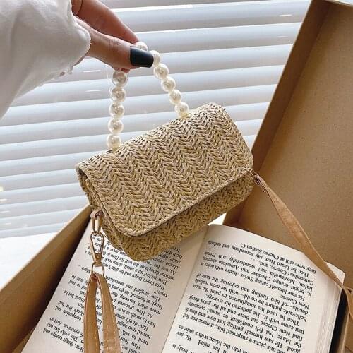 Women 's Bag Summer New Pearl Straw Small Square Bag Pastoral Style Small Flip Portable Small Bag