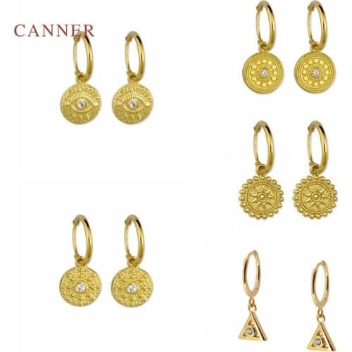 CANNER Real 925 Sterling Silver Earrings For Women Retro Round Card Earrings Hoops Zircon Diamond Korean Gold Jewelry Brincos