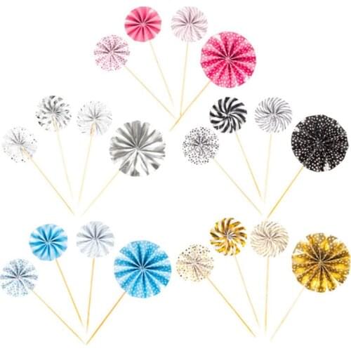 4pcs Mini Paper Fan Sun Flower Cake Topper Childrens Birthday Party Baby Shower Cake Decoration Banner Wedding Decoration -C