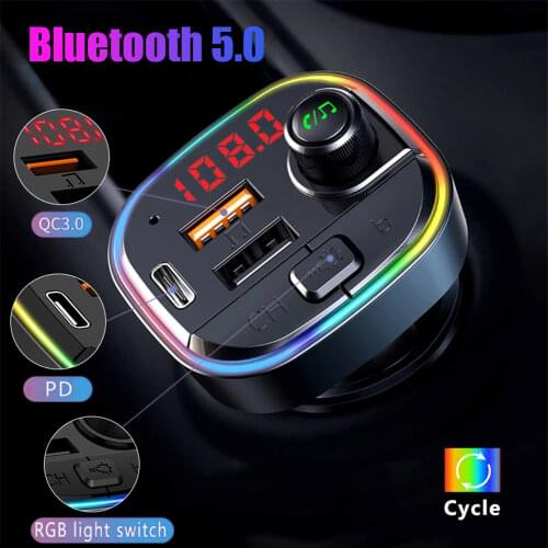 Bluetooth 5.0 FM Transmitter QC3.0+PD Fast USB Charger Adapter Wireless Car MP3 Player Handsfree Car Kit with Bass Audio