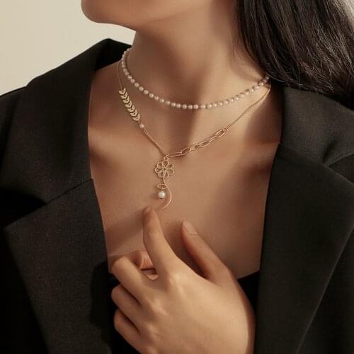 Minar Personality Layered Hollow Flower Pendant Necklaces for Women Gold Casymmetric Leaves Faux Pearls Beaded Chains Necklace