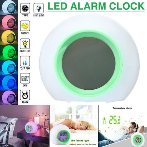 LED Electronic Snooze Digital Alarm Clock Morning Clock Calendar Temperature Monitor 7 Color Changing Light Kids Bedroom Decor
