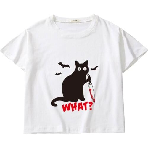 Violet Cat Printing Women Summer Crop Tees Breathable Cotton Top Girl O-Neck T-Shirt Kids Short Sleeve Casual Short Tops