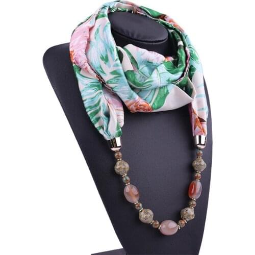 Quality Chiffon Printed Gemstone Runmeifa Necklace Scarves For Ladies Spring Autumn Natural Stone Pendants Female Necklace Scarf