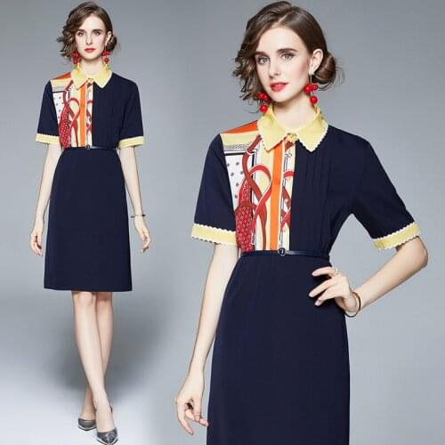 Summer Womens New Loose Thin Drape Short-Sleeve Printed Chiffon Dress with Belt