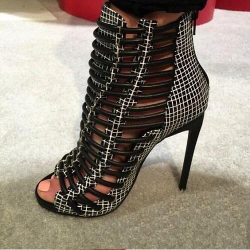 Hot 2017 Summer Women Fashion Black Knit Mesh Gladiator Cuts Out Custom Made Peep Toe Zip Back Ankle Sandals Boots