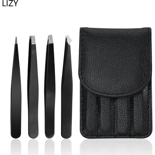 LIZY 4pcs Eyebrow Tweezers Set Professional Stainless Steel Pointed Slant Flat Hook Tip Hair Removal Makeup Tools with Black Bag