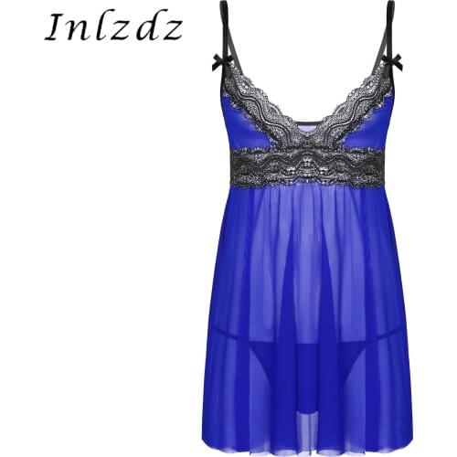 Mens Sissy Sheer Lace Mesh Lingerie Dress Adjustable Spaghetti Shoulder Straps Deep V Neck Lace Trim Chemise Babydoll Sleepwear