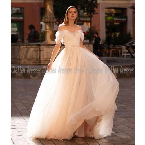2021 New Elegant Custom Made Champagne Sweetheart Off The Shoulder Beading Pleated Lace UP Tulle A-Line Boho Wedding Dress
