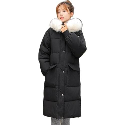 Korean Fashion Parkas Women Clothing Thick Plus Size Winter Padded Coat Fox fur Collar Outerwear Warm Hooded Down Jacket Female