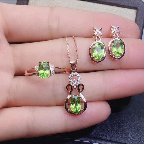Retro grace clover Natural green peridot gem jewelry sets natural olivine ring Pendant Earrings 925 silver women party jewelry