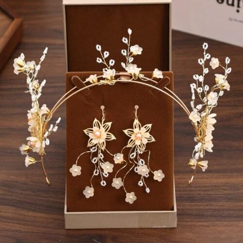 New Korean Style Wedding Hair Jewelry Sets Handmade Pearl Gold Flower Crown & Earring Sets Bridal Jewelry Sets Head Decoration