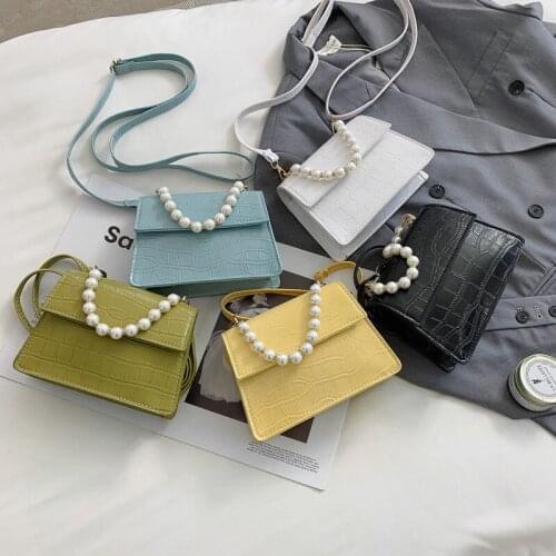 Bag Womens Sloping Bag 2021 New Trendy Womens Bag Stone Patterned Small Square Bag Simulated Pearl One-Shoulder Handbag Simple
