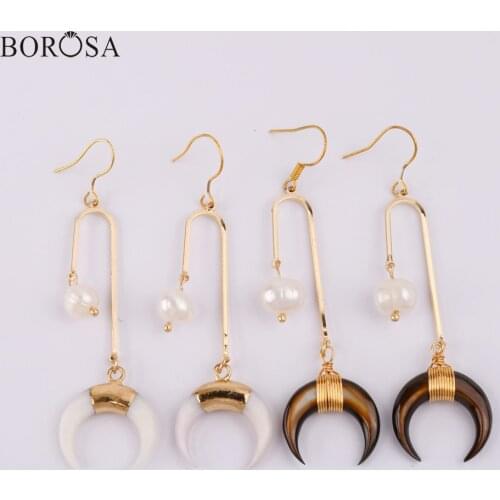BOROSA Handmade Nutural Horn Shell Dangle Earring Baroque Whitte Pearl Beads Drop Earring Women Gold Statement Earring HD0357