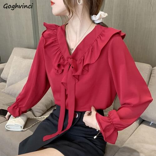 Women Shirts Chiffon Lace-up Bow Flare Sleeve Female Solid Plus Size 3XL Korean Style Design Loose All-match V-neck Leisure Chic