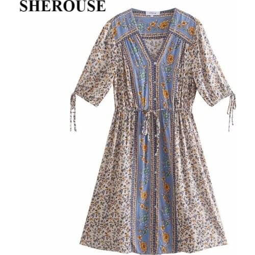 SHEROUSE Women Fashion Printed Single Breasted Front Slit Midi Dress V-Neck Short Sleeves Vintage Female Dresses Robe