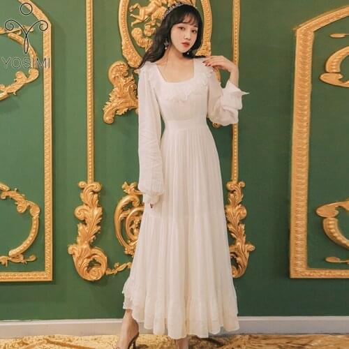 YOSIMI White Chiffon Long Sleeve Maxi Women Dress Vintage 2020 Lace Square Collar Full Sleeve Empire Ladies Party Dress Elegant