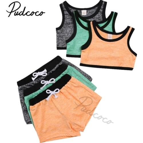Children Baby Girls 2Pcs Outfit Sportwear Set Active Solid Stitching Sleeveless Vest Belt Tie Shorts Sports Unisex Suit 1-5Y