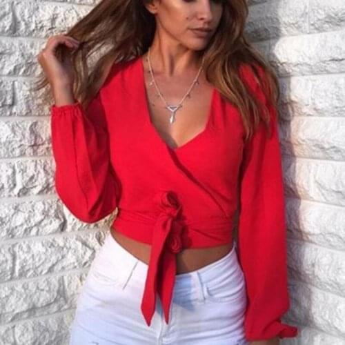 2019 new Autumn Winter Red Deep V Neck Backless Bandage ruffles long-sleeved Blouses Sexy women chiffon Short blouse shirt white