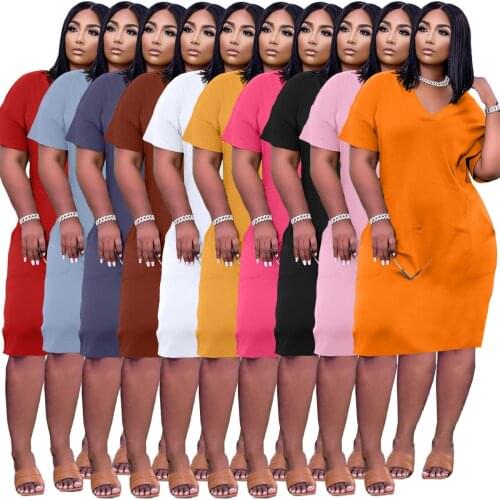 Echoine Casual Solid Color Dress Woman V Neck Short Sleeve Loose Streetwear with Pocket Knee Length Plus Size S-3XL Vestidos