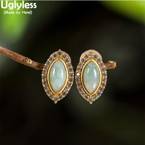 Uglyless Elegant Water Drop Emerald Studs Earrings for Women Olive-shaped MINI Earrings Crystals Brincos Gold 925 Silver Jewelry