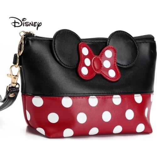 Disney Mickey Minnie Cosmetic Bags Women Makeup Bag New Cartoon Large Bow Tie Clutch Women Packages PU Leather Bag Handbag