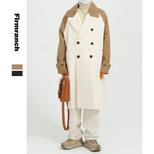 Firmranch New Spring/Autumn Contrast Color Patchwork Wind Coat Jacket Ins Men/Women Trench X-Long Loose Casual Dust Coat