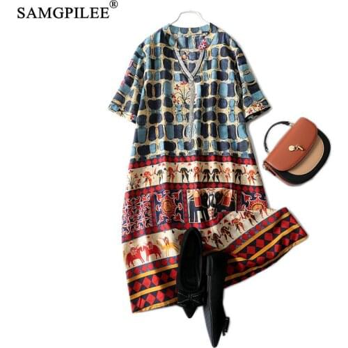 Summer Dresses 2021 New Casual Tassel Decoration Stand Collar Thin Print Knee Length Short-sleeved Chiffon Retro Women Dress 4XL