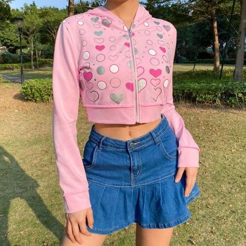Pink Cute Y2K Hoodies Women Colorful Heart Print Kawaii Pullovers Zip Up Long Sleeve 90s Aesthetic Cropped Autumn Sweatshirts