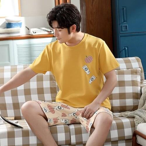 Fashion Yellow Cotton Short Sleeve Summer Pajamas Set For Men O-Neck Casual Homewear Simple Cartoon Print Big Size Men Sleepwear