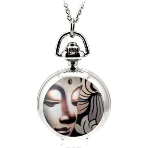 Fashion Modern Silver Quartz Pocket & Fob Watches Necklace Pendant Relogio De Bolso Enamel Women Watch Buddha Statue Lady Gift