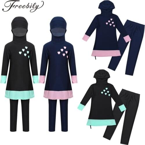 Girls Muslim Swimwears Islamic Children Two-piece Long Sleeves Print Full Cover Conservative Hijab Burkini Swimsuit with Pants