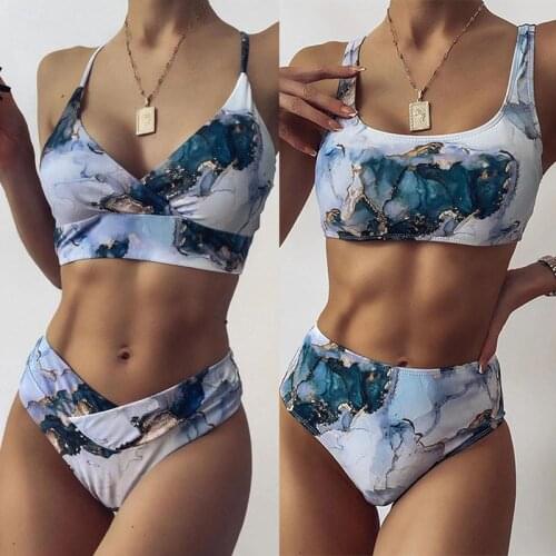 2021 New Women Swimsuit Sexy Push Up Bikinis Set Marble Printed 2 Pieces Swimsuit High Waist Swimwear Bathing Suit Beach Wear