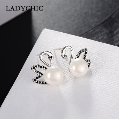 LADYCHIC New Arrival Black Zircon Swan Stud Earrings Simple Elegance Design Pearl Earrings for Women Party Dropshipping LE1309